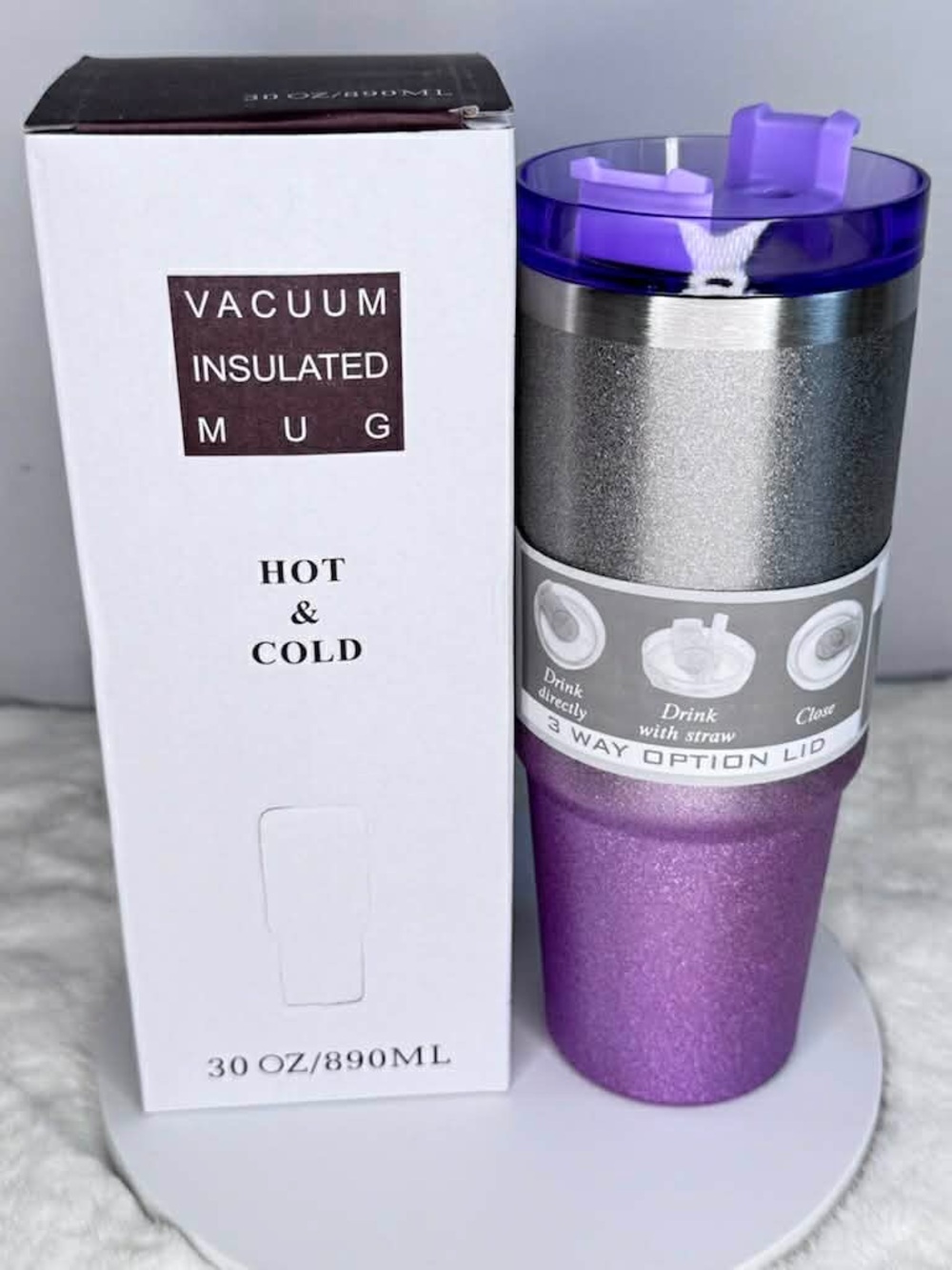 Vacuum Insulated 30oz Glitter Purple Travel Mug with 3-Way Lid